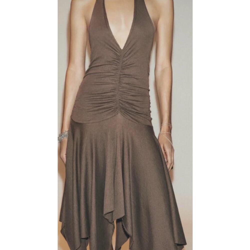 Zara Brown Asymmetric Handkerchief Hem Mini Halter Dress Size Small - Picture 5 of 6